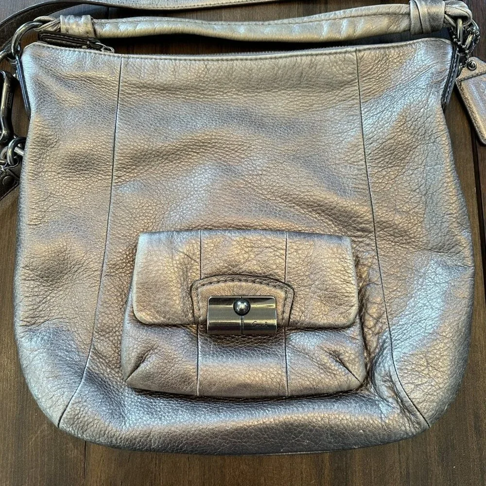 Coach Kristin Metallic Gold Pebbled Leather Hobo Bag Convertible Handbag